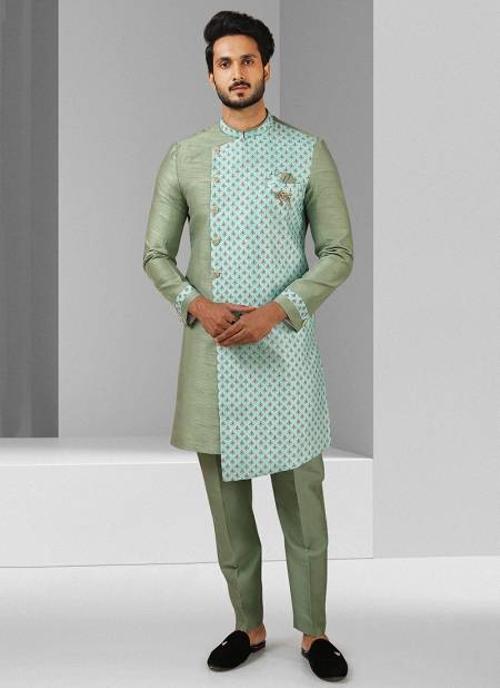 Green Excluisve Wear Art Silk Digital Print Kurta Pajama With Jacket Mens Collection 1445